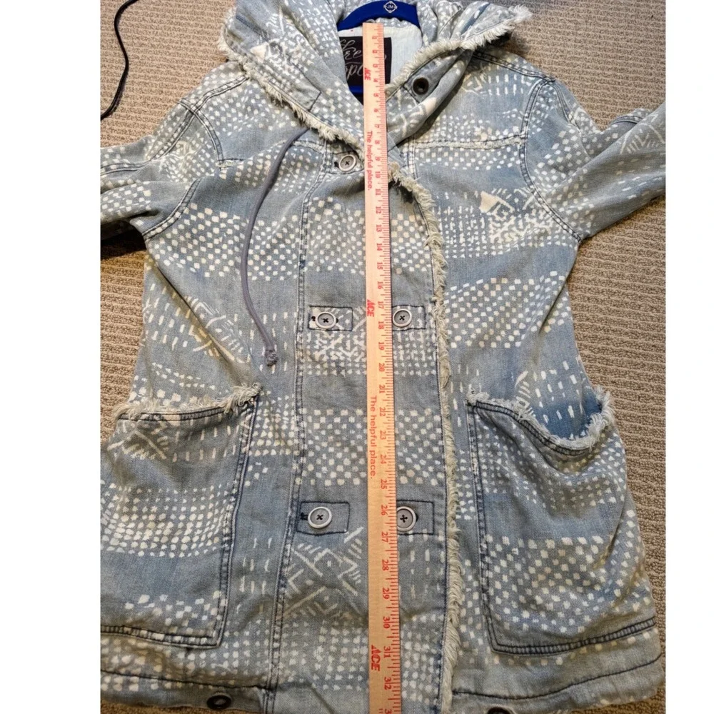 Free People Hooded Denim Jacket Boho Raw Edge Utility Coat L - Picture 10 of 10